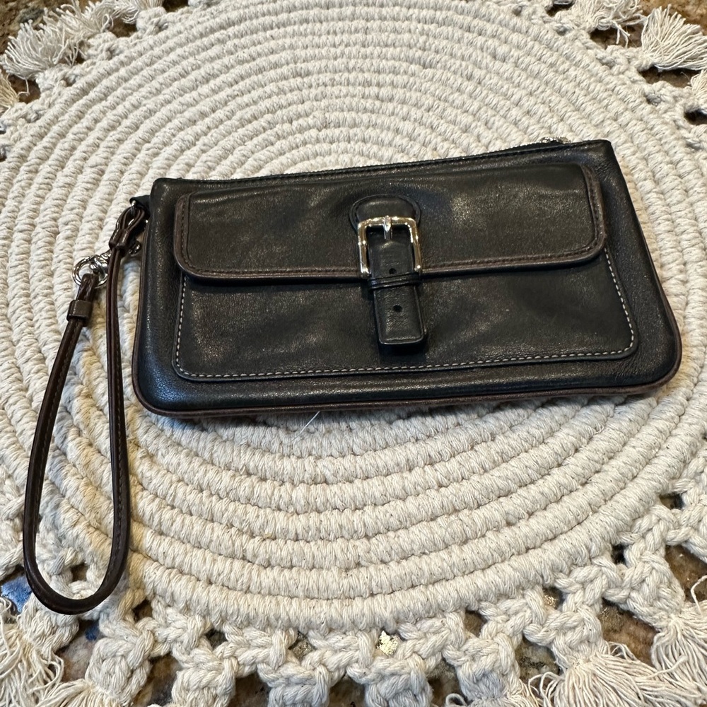 Leather Coach wallet wristlet silver buckle clutch black brown cell phone case